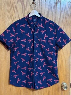 J. Crew Navy Button-Down Shirt with Red Lobster Print sz large